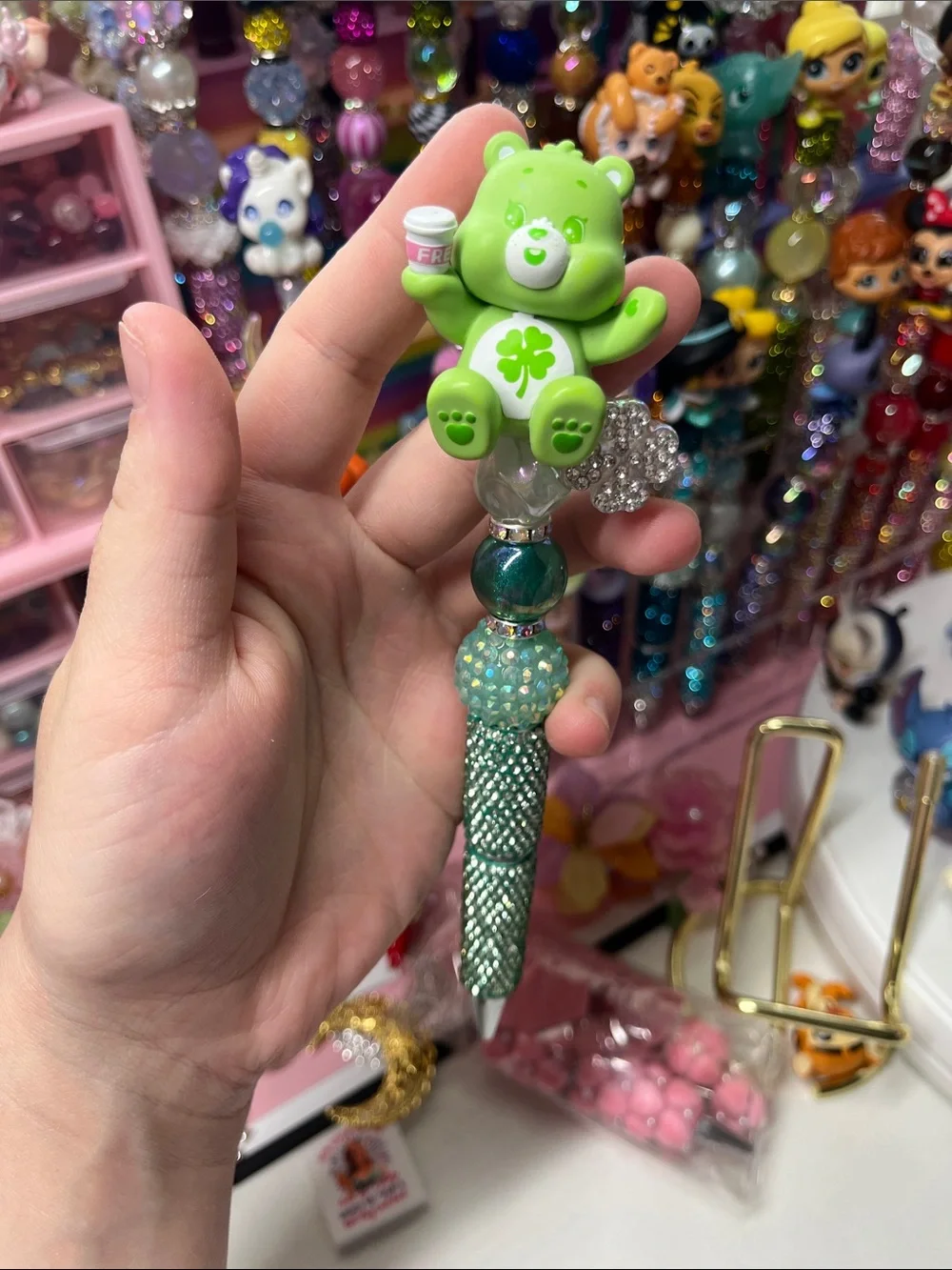 Green carebear refillable beaded pen